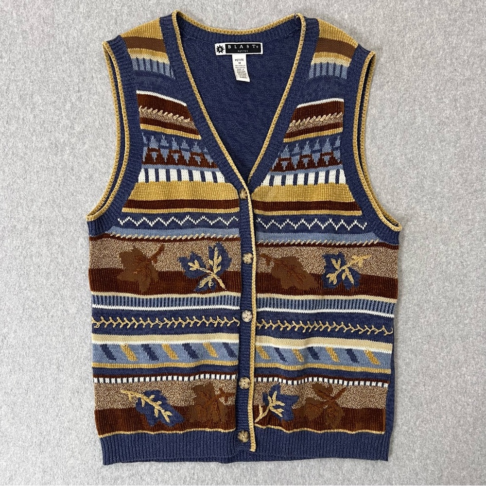 Vtg Blast Cottagecore Fall Striped Sweater Vest Size Med Petite Leaves Boho 90s